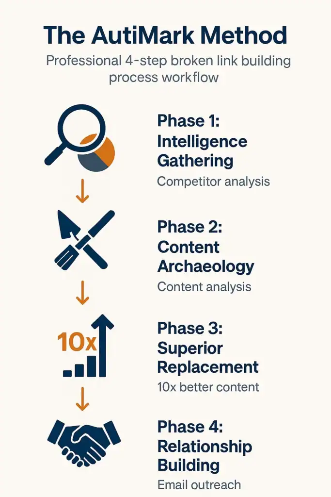 The AutiMark Method: 4-phase broken link building process workflow diagram
