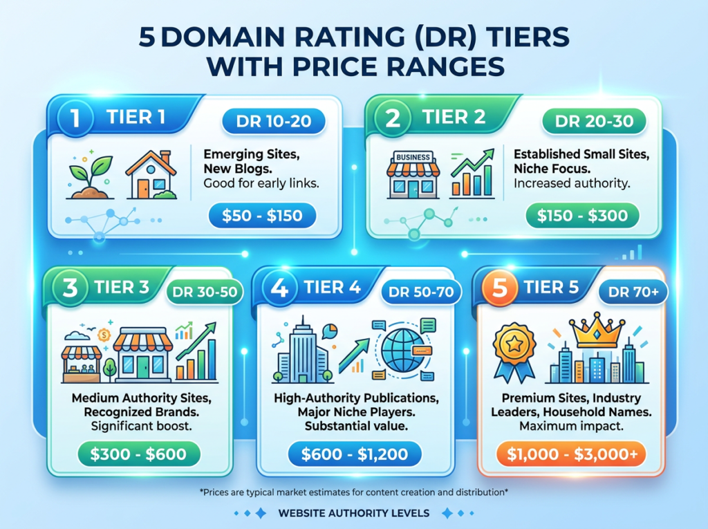 Link building cost by Domain Rating DR tier 2026