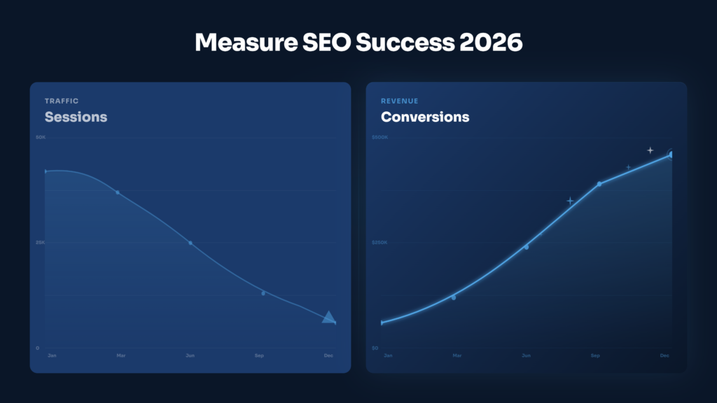 Split-screen dashboard showing declining traffic beside rising conversions, illustrating the traffic-visibility decoupling in 2026 SEO measurement