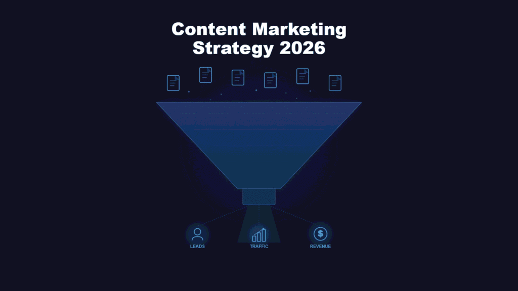 Content funnel illustration showing documents converting into leads, traffic, and revenue through a 2026 content marketing strategy