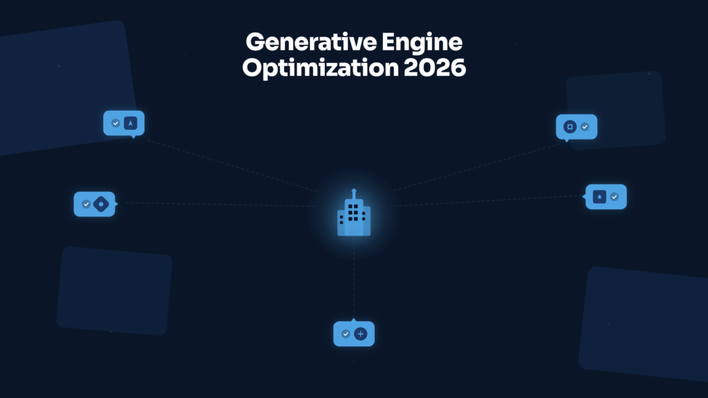 Brand icon receiving recommendation speech bubbles from five AI platforms, illustrating generative engine optimization in 2026