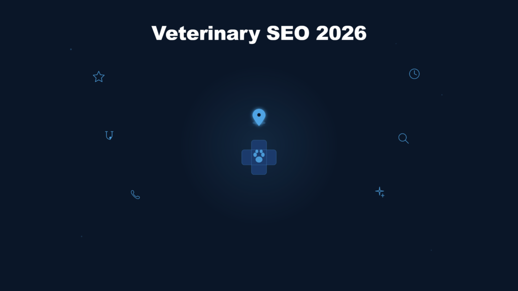 Veterinary cross and paw print icon with local map pin surrounded by SEO signal icons for reviews, emergency hours, services, search, and AI