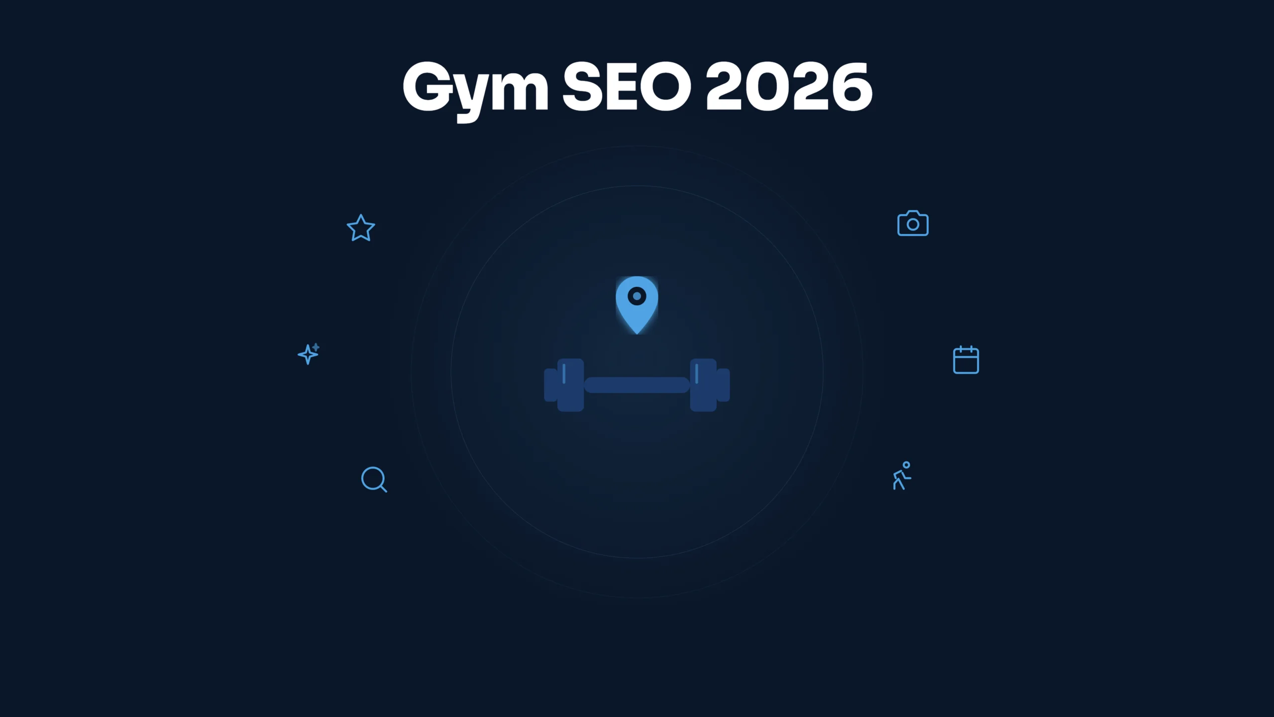 Gym dumbbell icon with local map pin surrounded by SEO signal icons for reviews, photos, bookings, fitness, search, and AI
