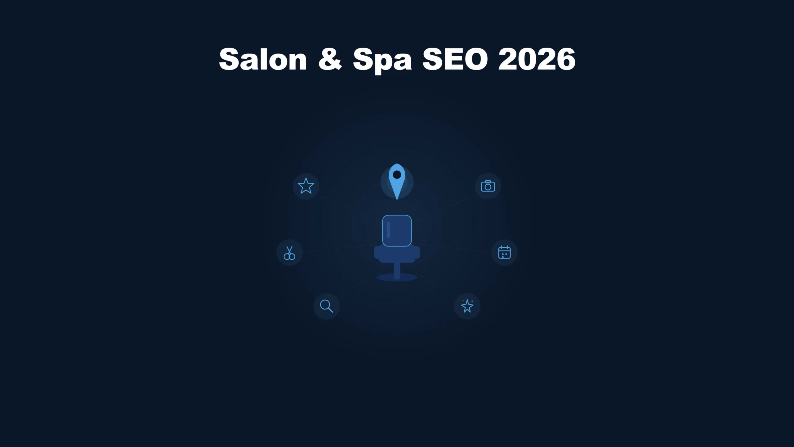 Salon chair with local map pin surrounded by SEO signal icons for reviews, photos, services, bookings, search, and AI