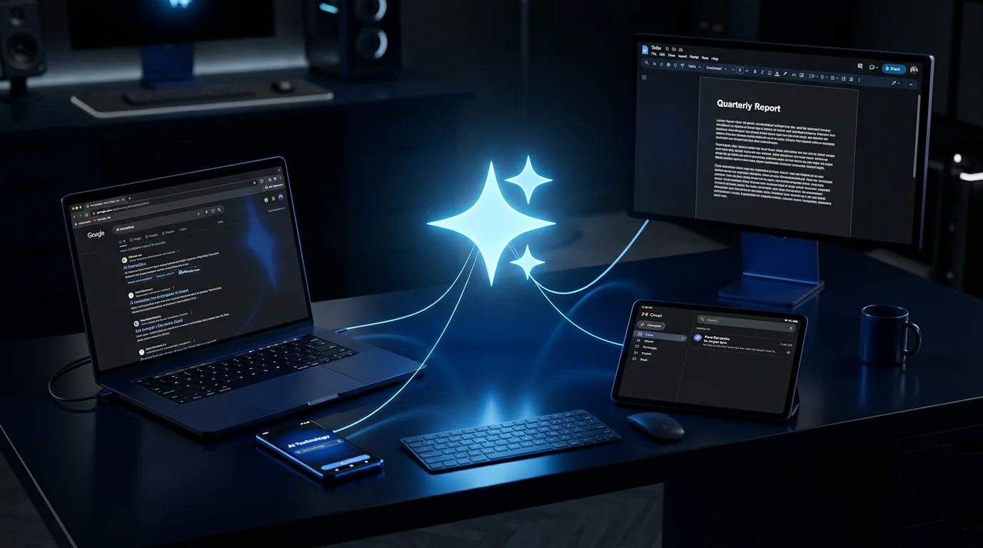 Central AI sparkle radiating across Google ecosystem devices representing Gemini SEO distribution in 2026