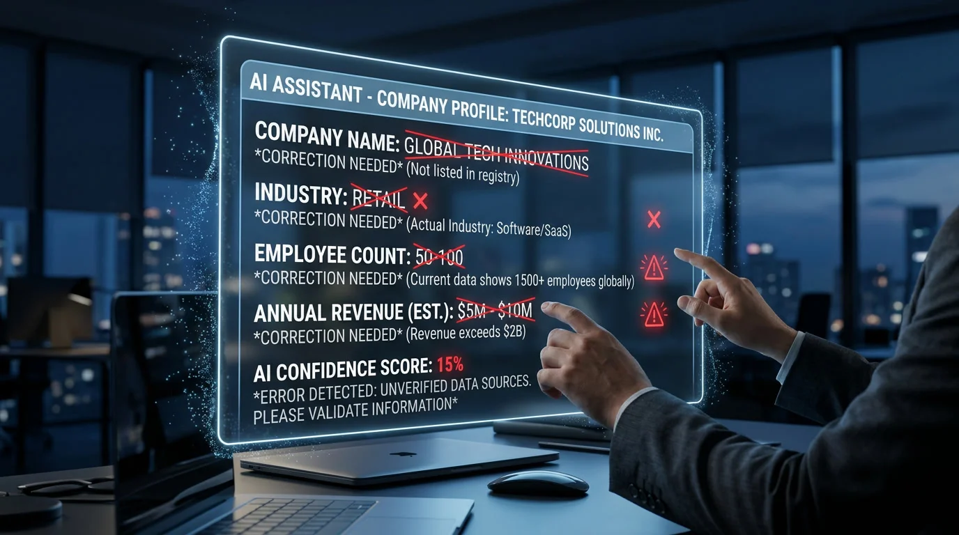 Business professional reaching toward a holographic AI interface displaying wrong business information with red warning indicators